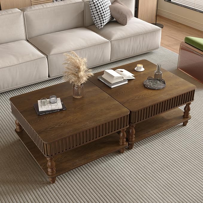 31.5" Lift Top Fluted Coffee Table with Hidden & Open Storage, Modern Square Wooden Center Table Cocktail Tea Table with Curved Safety Corners and Adjustable Height for Living Room, Walnut
