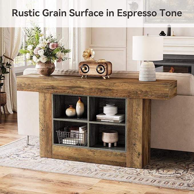 LITTLE TREE 63-Inch Farmhouse Console Table, Long Narrow Sofa Table with Storage, Entryway Table Behind Couch, Large Foyer Table for Living Room, Hallway (Vintage Brown)