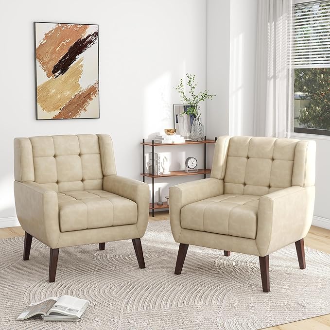 Pia Ricco 2 Pack Mid Century Modern Accent Chairs, Button Tufted Faux Leather Armchairs - Easy-Clean Matching Set for Living Room, Durable Sofa Chairs for Home Office & Lounge, Cream