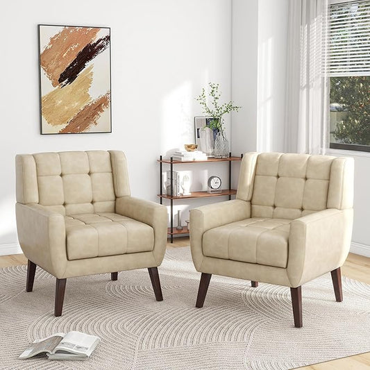 Pia Ricco 2 Pack Mid Century Modern Accent Chairs, Button Tufted Faux Leather Armchairs - Easy-Clean Matching Set for Living Room, Durable Sofa Chairs for Home Office & Lounge, Cream
