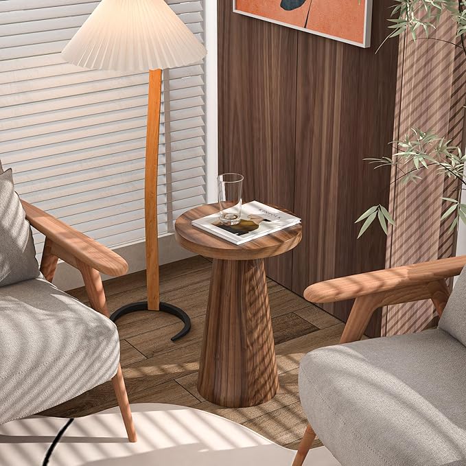 Small Round Pedestal Side Table, Wooden End Table for Living Room, Fluted Drink Table for Small Space, Modern Plant Stand Accent Table for Sofa Couch, 13.6 inch (Walnut)
