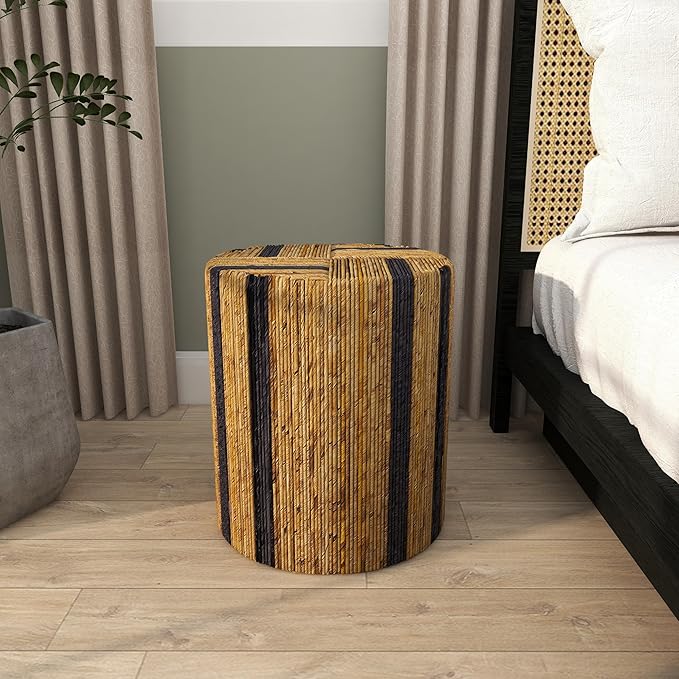 Deco 79 Banana Leaf Handmade Side End Accent Table Linear Wrapped End Table with Navy Stripes, Side Table 14" x 14" x 16", Brown