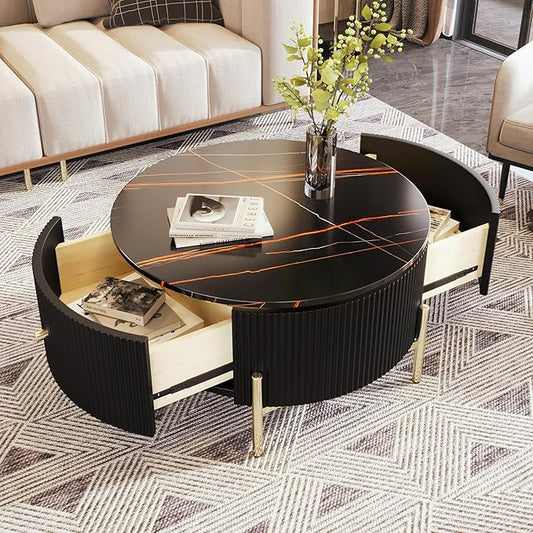 31.5" Round Coffee Table with Storage, Modern Round Coffee Table with 2 Drawers Storage Accent Table Round Black End Table for Living Room,Black