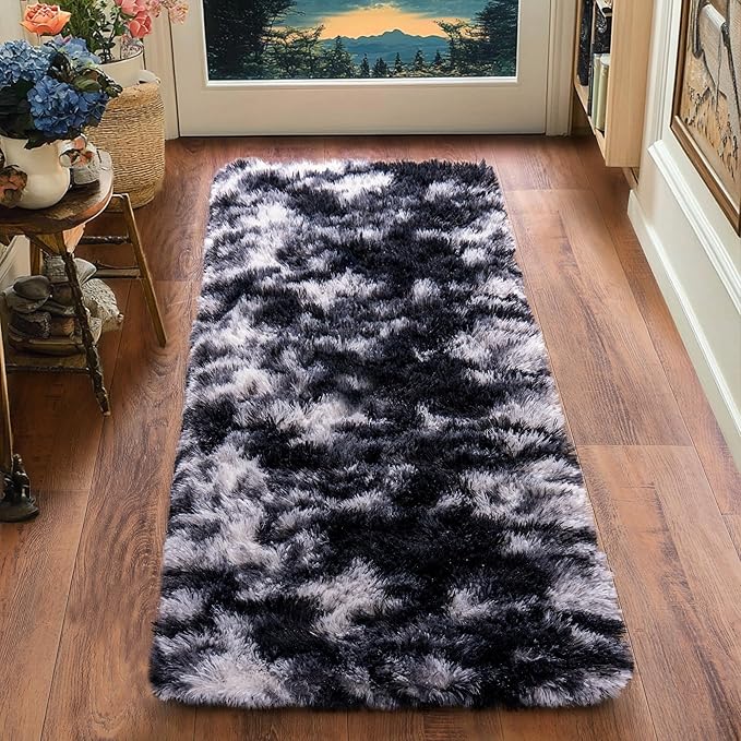 Runner Rugs for Bedroom 2x6 Soft Shag Bedside Rug, Fluffy Area Rug Throw Rugs for Living Room, Floor Carpet Runner for Nursery Kids Dorm Home Decor, Black and White