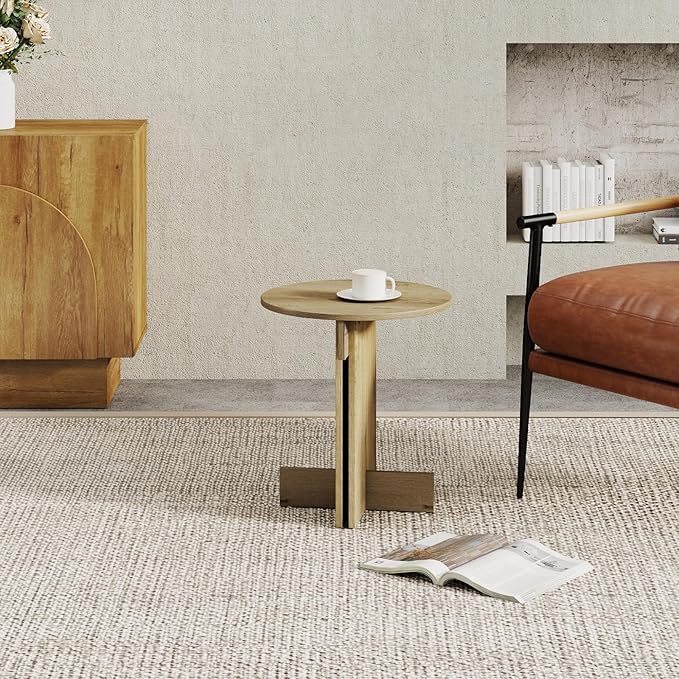 Wooden Round Side Table, Small Drink End Table, Cocktail Table, Modern Accent Night Stand with Wooden Base, Plants Stand for Living Room/Bedroom, Corners, Office, Small Space, Natural Retro