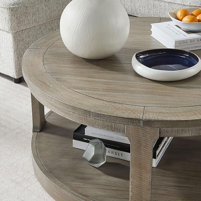 40inch Large Curved 2 Tier Traditional Round Circle Wooden Center Coffee Table,Rounded Table with Wheels,Farmhouse Rustic Style Table for living Room,Office,Apartment,Light Brown(ø40'' x 17.52'')