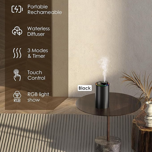 Waterless Essential Oil Diffuser, Diffuser,Portable Aromatherapy Diffuser,Light Show,3 Countdown Timers & 3 Mist Levels for Home, Room, Car, Office (Black)