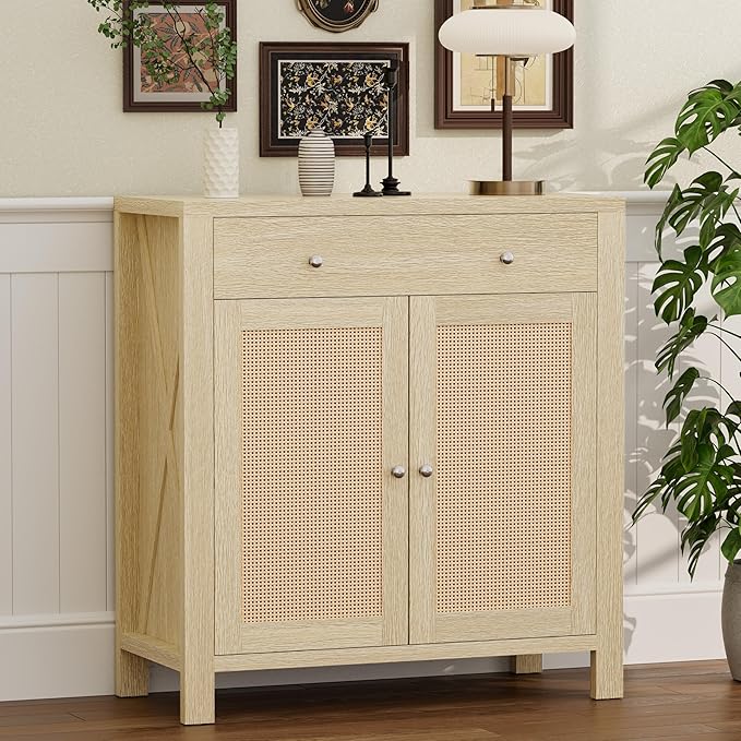 31" Buffet Cabinet with Storage, Rattan Decor Doors, Sideboard Cabinet with Doors & Adjustable Shelves, Ideal for Entryway, Kitchen & Living Room
