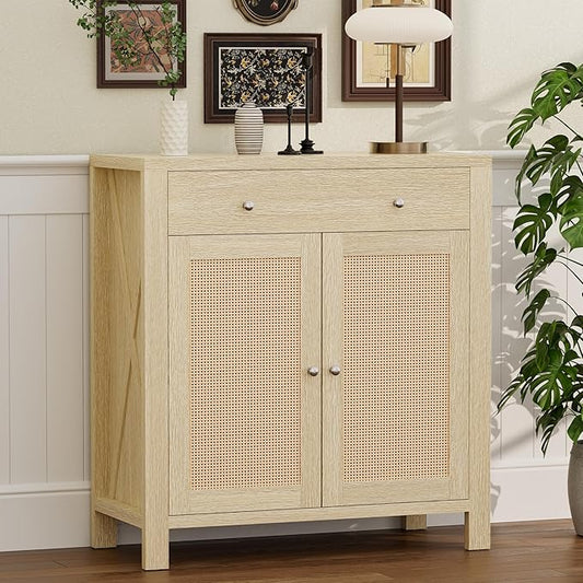 31" Buffet Cabinet with Storage, Rattan Decor Doors, Sideboard Cabinet with Doors & Adjustable Shelves, Ideal for Entryway, Kitchen & Living Room