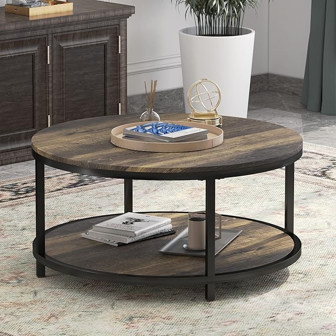 WiberWi Round Coffee Table 35.8" Rustic Vintage Industrial Design Furniture Sturdy Metal Frame Legs Sofa Table Cocktail Table with Storage Open Shelf for Living Room, Easy Assembly, Dark Brown