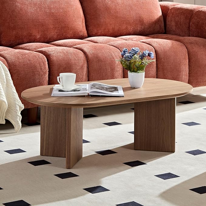 WILLIAMSPACE 39.37" Oval Wooden Coffee Table, Modern Wood Center Table with Sturdy Pedestal for Living Room, Accent Side Table End Table for Apartment (Walnut)