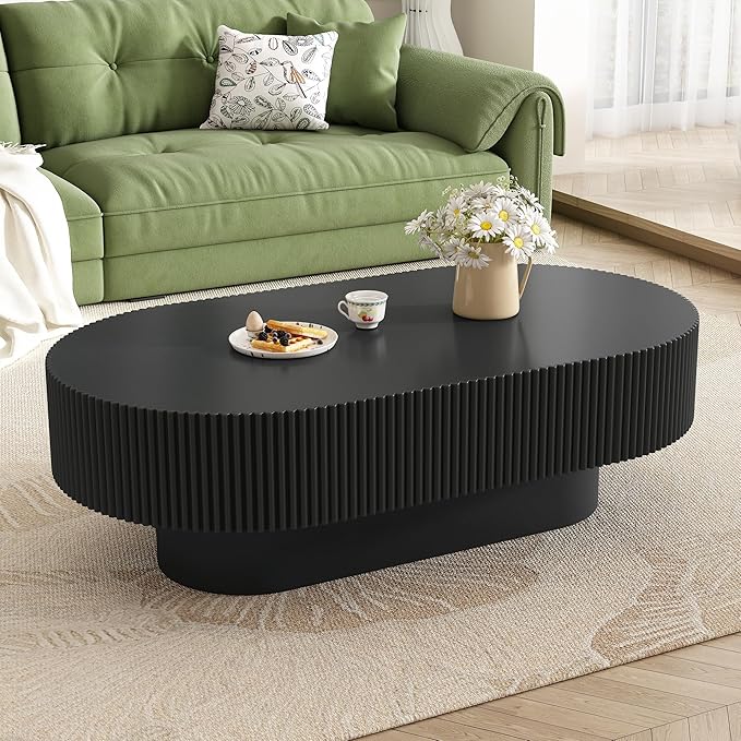 43.3" Oval Wood Coffee Table Modern Black Fluted Coffee Tables for Living Room Drum Coffee Table with Sturdy Pedesta Circular Center Table for Apartment Living Room,Easy Assembly