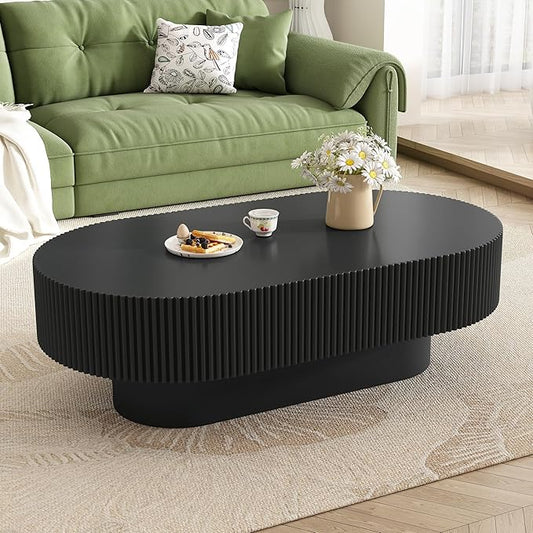43.3" Oval Fluted Coffee Table, Modern Wood Pedestal Coffee Table, Black Fluted Tea Center Table with Thick Tabletop & Sturdy Pedestal for Living Room Apartment- Easy Assembly