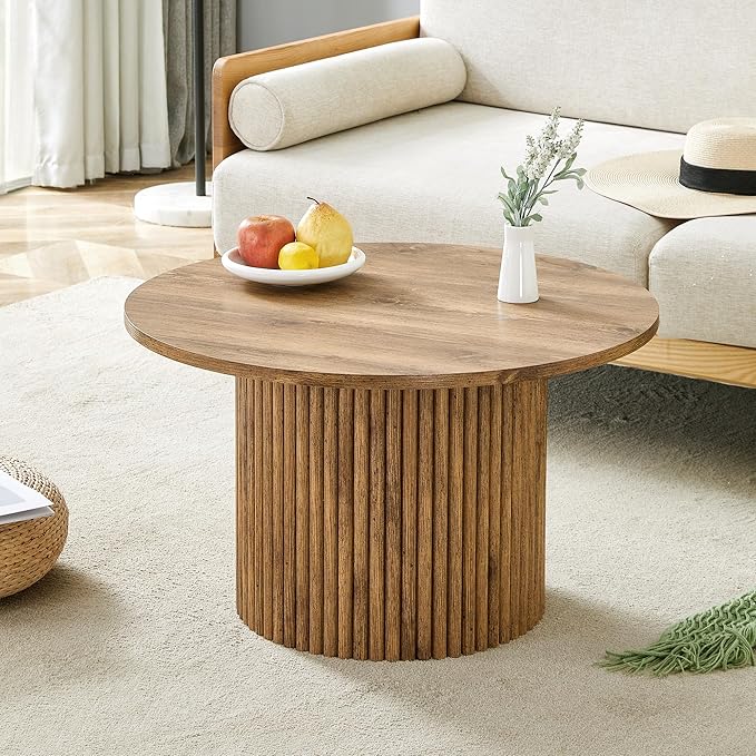 27.5" Modern Round Coffee Table with Storage, for Living Room, Circle Wood Accent Center Table for Apartment, Oak