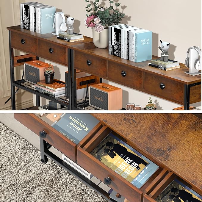 47" Narrow Console/Entryway Table with Storage & 3 Drawers & Outlets, for Sofa & Living Room, Hallway/Foyer/Couch/TV/ Aquarium Stand Table for Entryway with USB Ports, LED Light Strip,Perfect for Home