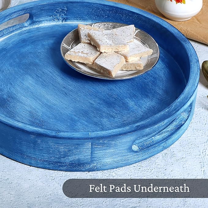 12" Decorative Wooden Serving Tray - Perfect for Breakfast, Lunch, Dinner, Appetizers, Patio, Ottoman, Coffee Table - Durable Living Room and Couch Tray (Blue) - CLEENTABLE