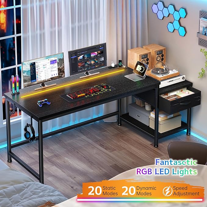 56 Gaming Desk with Drawers & Printer Shelf,Computer Desk with LED Lights & Power Outlet,Home Office Desk with Hook,Reversible Corner Work Study Desk for Bedroom,Black Desk