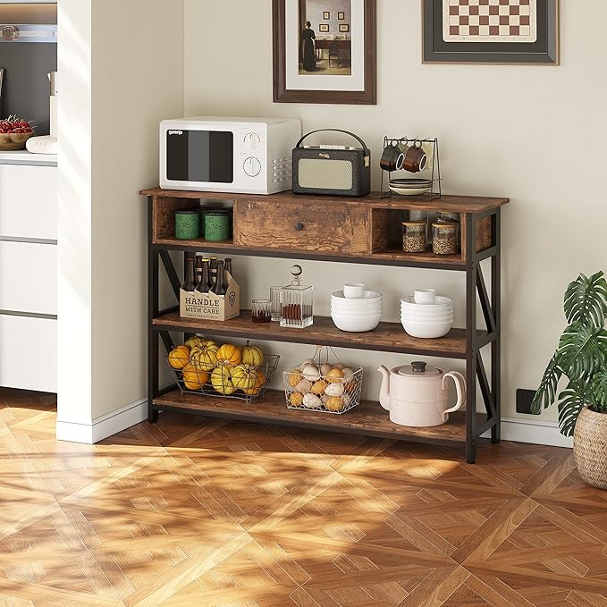 Mexin Console Table with Drawer Shelves, Entryway Table with 3 Tier Storage Shelves, Industrial Wood Hallway Sofa Table for Living Room, Couch, Foyer, Kitchen Counter, 47 Inch Rustic Brown