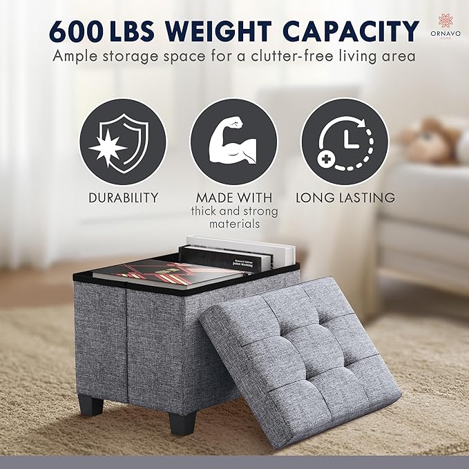 Ornavo Home Storage Ottoman Small Rectangle Ottoman with Legs, Foot Rest Stool Seat, Load up to 600 LB, for Living Room, Bedroom, Home Office, Dorm - 12 x 16 x 12, Gray