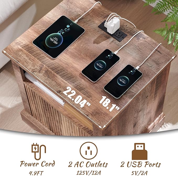 Fluted Nightstand with Charging Station, 22" Large Modern Side Table, Wood End Table w/Open Shelf & Spacious Tabletop, Bedside Table with Storage Space for Bedroom, Living Room (Light Brown)