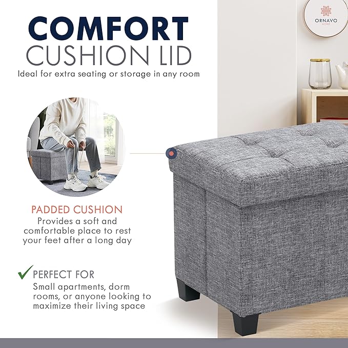 Ornavo Home Storage Ottoman Small Rectangle Ottoman with Legs, Foot Rest Stool Seat, Load up to 600 LB, for Living Room, Bedroom, Home Office, Dorm - 12 x 16 x 12, Gray