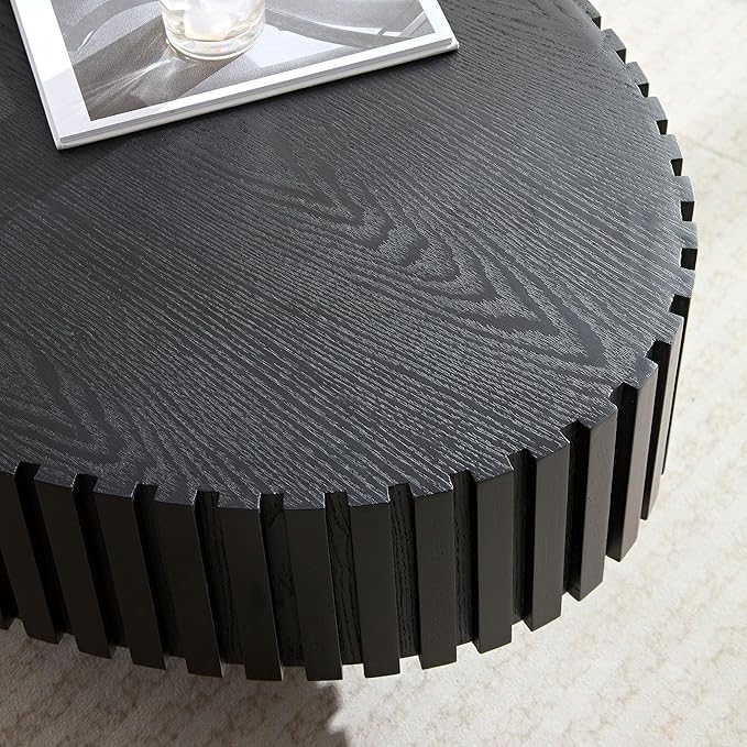 43.31'' Round Coffee Table for Living Room,Modern Handcraft Drum Coffee Table Wood Small Coffee Table with Sturdy Pedestal,Black