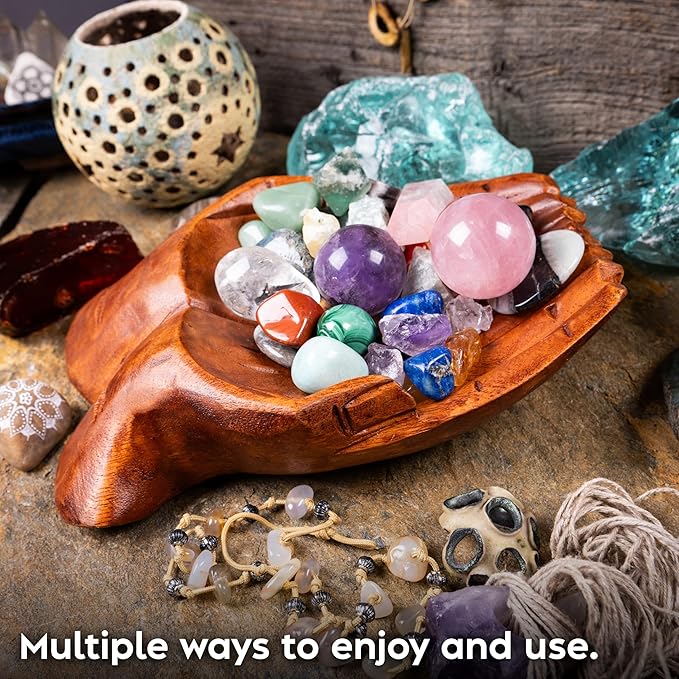 Curawood Carved Hands Offering Bowl - Crystal Holder for Stones, Rock Collection Holder, Crystal Display Storage Tray, Wooden Hands Bowl for Keys - Rock Display Case for Shelf, Stand, Altar Decor (L)