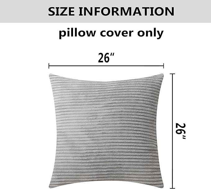 Home Brilliant Euro Shams 2 Pack Striped Soft Velvet Corduroy European Throw Pillow Sham for Sofa Couch Bench, 26x26 inch, Light Grey