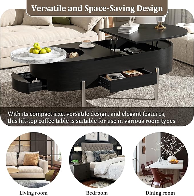 Lift Top Coffee Table with Hidden Compartment, Modern 47.2'' Oval Wooden Center Table Cocktail Tea Table with 360-degree Marble-Patterned Rotating Tray and 3 Drawers for Living Room,Black