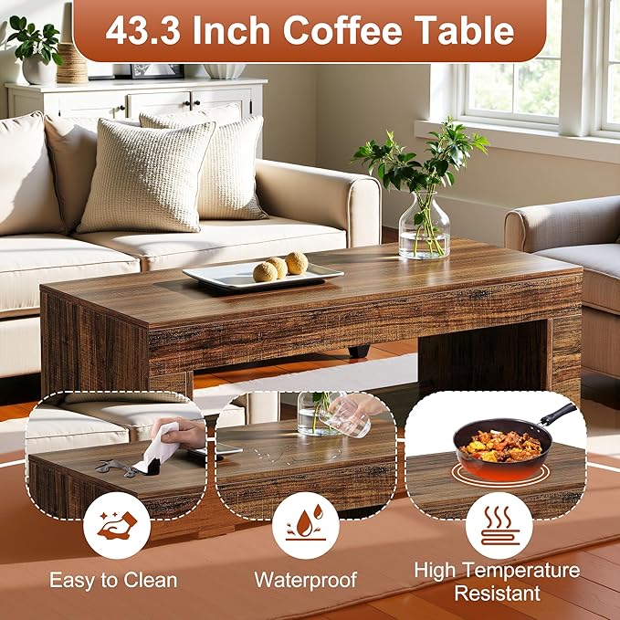 2-Tier Coffee Table with Storage Shelf, 43" Coffee Table for Living Room, Modern Wooden and Metal Accent Center Sofa Side Tables for Couch, Rustic Brown