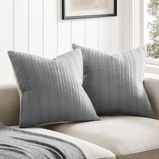 ZeeMart 100% Cotton Waffle Textured Throw Pillow Covers Set of 2, 20x20 Inch Blue Ashes, Soft Farmhouse Decorative Couch Pillow Cases Dusty Blue Cushion Covers for Sofa Bed Living Room Home Decor