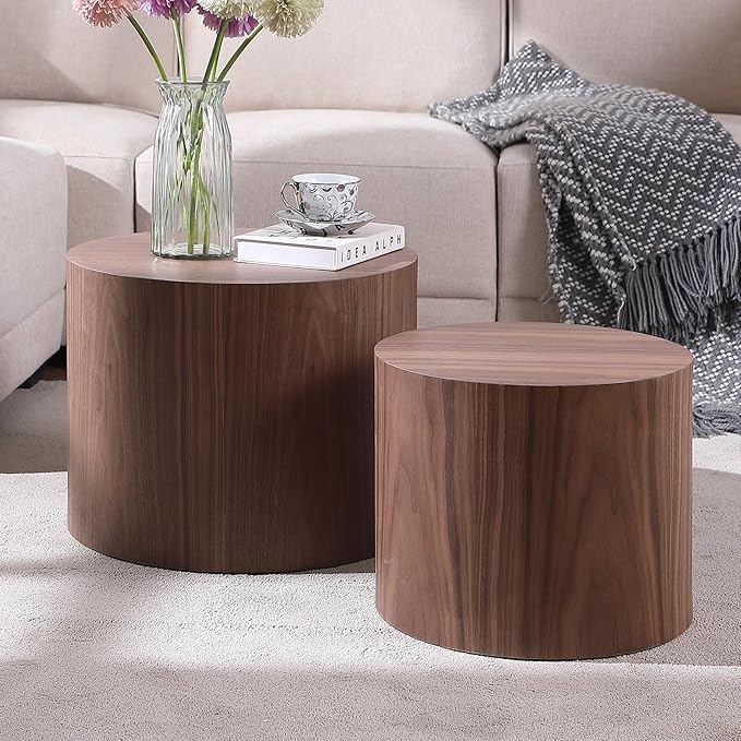 Small Coffee Table Nesting End Table Set of 2, Round Coffee Table Wood Side Table Circle Accent Tables for Small Spaces Living Room Bedroom Balcony Office, Walnut