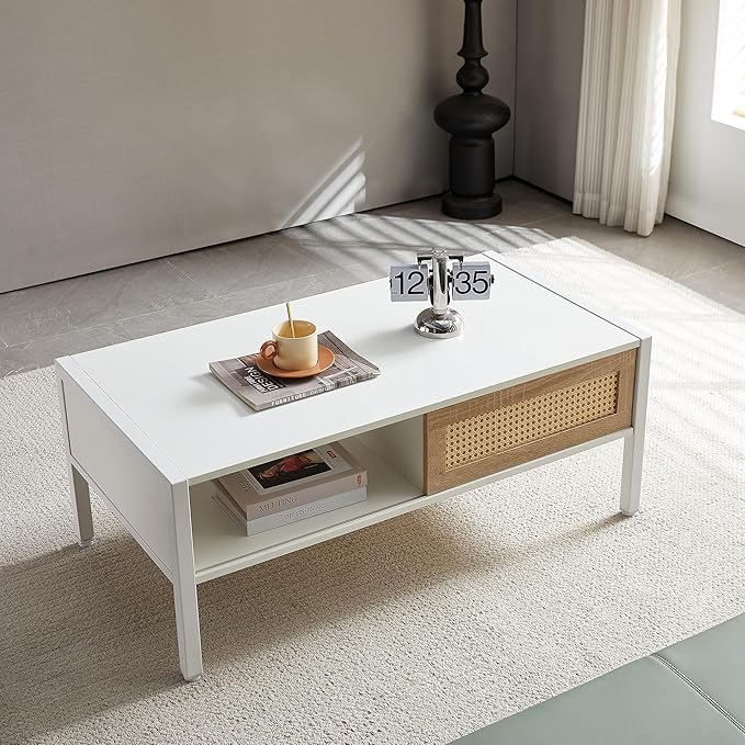 IANIYA 40.16" Boho Coffee Table, Rectangle Wooden Accent Center Tables, Living Room Table with Sliding PE Rattan & Solid Metal Legs for Living Room, Apartment Small Space (White Metal)