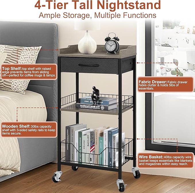 4-Tier Small Side Table with Optional Casters, Narrow End Table with Drawer and Shelves, Tall Nightstand for Dorm, Small Accent Table Stand for Living Room, Bedroom, Bathroom, Black& Grey