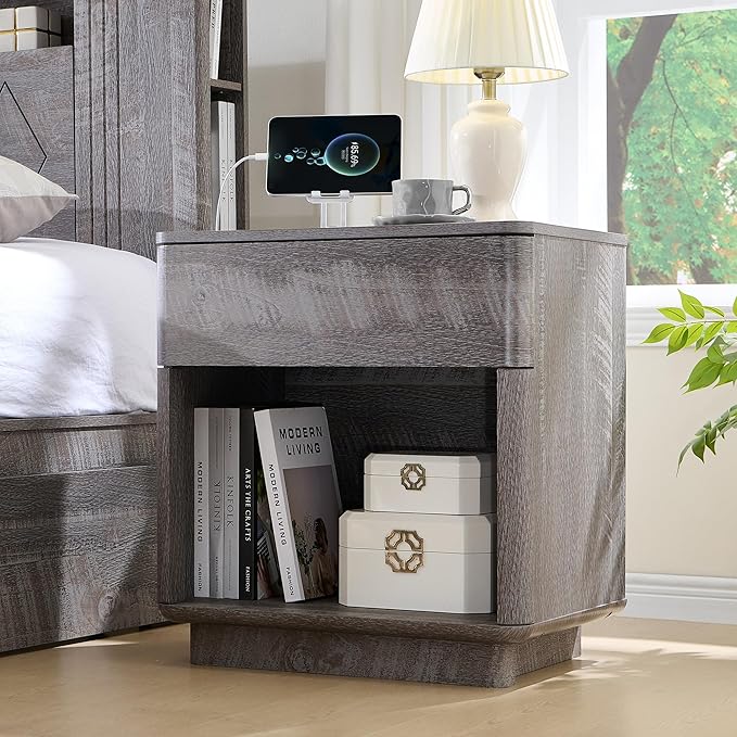 ACCOHOHO Modern Nightstand Set of 2 with Charger Station, 22" Wide Night Stand with Storage Drawer & Open Shelf, Large Bedside Table for Bedroom, Wood End Table, Curved Profile, Grey