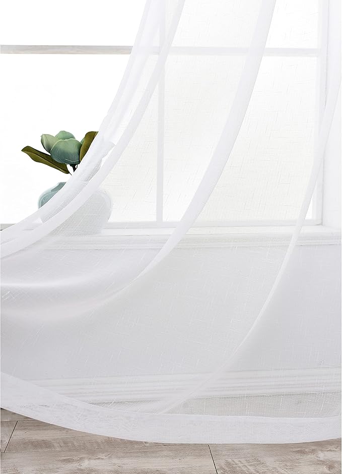Sheer Curtains Faux Linen Semi Voile Light Filtering Drapes Pair for Bedroom Living Room, Set of 2 Grommet Top Window Curtain Panels (Each 54 x 84 Inch, White)