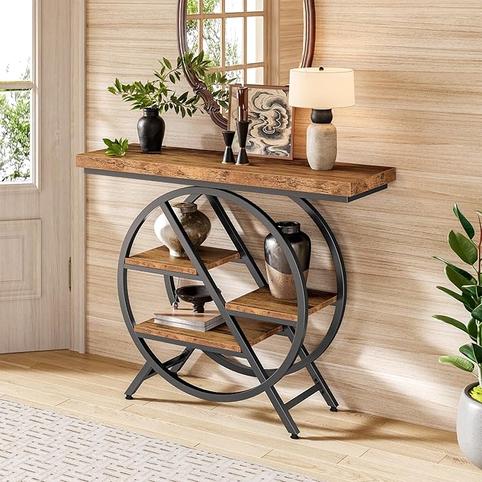 LITTLE TREE Console Table for Entryway, 39.37" Sofa Table Behind Couch, Wooden Industrial 4-Tier Narrow Accent Table with Metal Frame for Entrance, Living Room, Hallway, Foyer