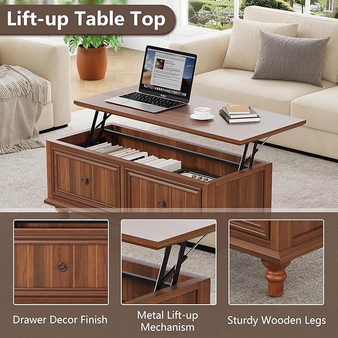 Lift Top Coffee Table for Hidden Compartment, 39" Wood Rectangular Center Table with Lift Tabletop, Sturdy Space-Saving Dining Table for Living Room Home Office Small Space (Walnut)
