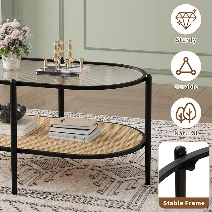 Boho Rattan Coffee Table with Glass Top, 2-Tier Oval Center Table with Metal Frame & Storage Shelf, Rustic Farmhouse Living Room Accent Tea Table for Apartment, Bedroom, Office Black
