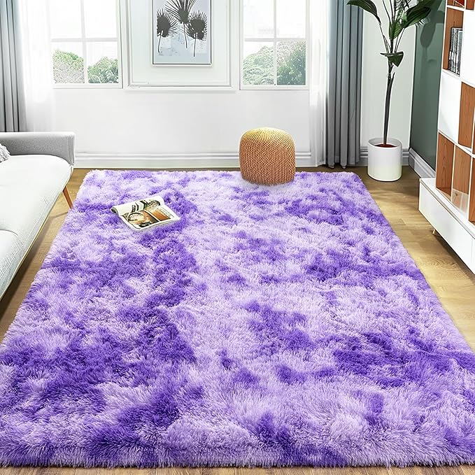 Ultra Fluffy Area Rugs for Living Room Bedroom, 6x9 Fuzzy Large Living Room Rugs, Thick Shag Rug for Dorm, Soft Non Slip Kids Girls Boys Rug for Home Decor Aesthetic, Tie-Dyed Purple