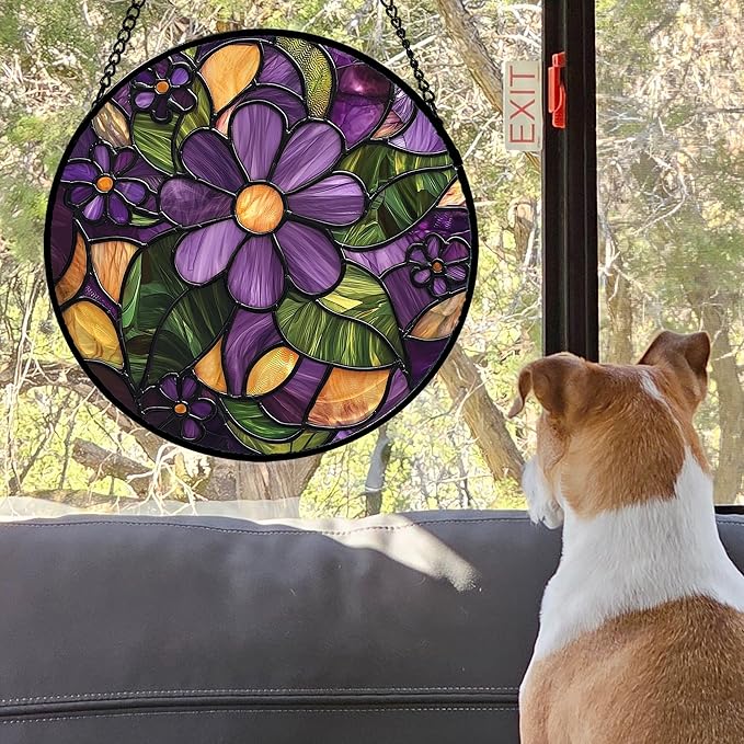 Stained Glass Window Hanging, Purple Green Flowers Sun Catcher for Door Home Decor Plants Suncatcher Christmas Mother's Day Birthday Gifts for Women Men Mom and Nana 9.8 in