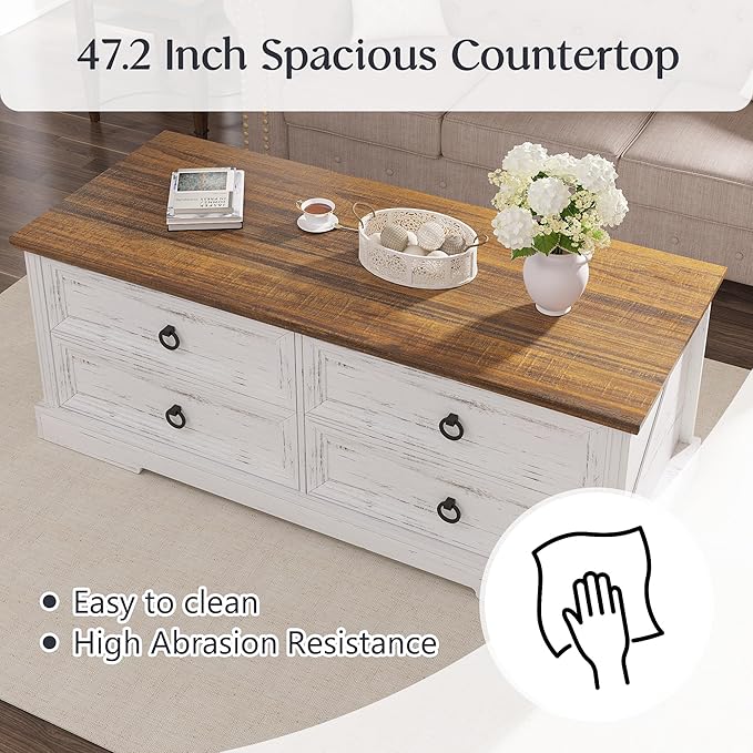 Coffee Table with Storage, 47.2 in Farmhouse Wooden Center Table with 4 Drawers for Living Room, Antique White Walnut, Easy Assembly Rectangle Home Office Tea Accent Table for Apartment