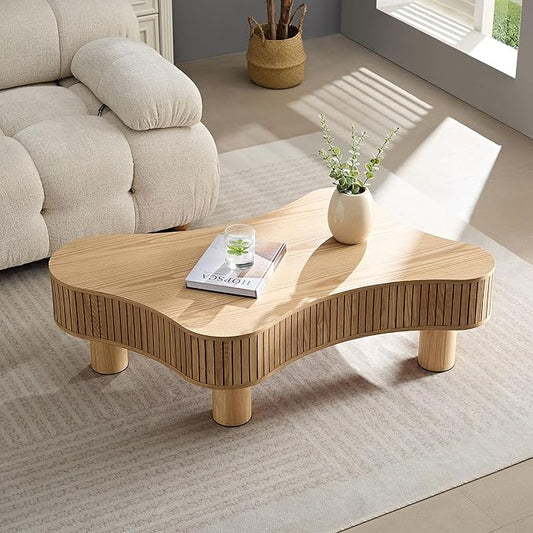 Modern Wooden Handcraft Drum Coffee Table, 42.52'' Irregular Shaped, Small Coffee Table/Side Table/End Table with Sturdy Pedestal, Natural Color