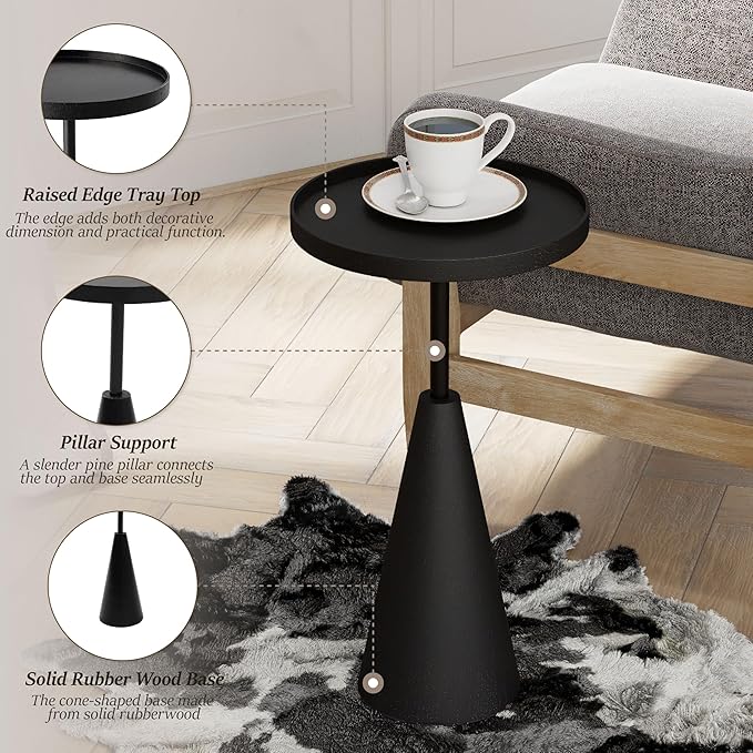 COZAYH Modern Round End Table with Raised Edge Tray Top, Wooden Pedestal Side Table with Rubber Wood Base for Living Room, Entryway, Office (Black)
