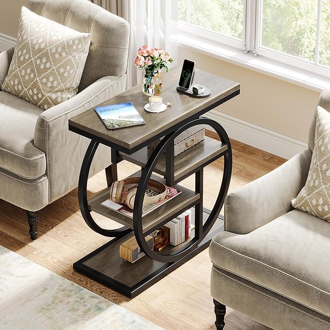 Tribesigns End Table Set of 2, 4-Tier Narrow Side Table with Storage Shelves, Wood Small Sofa Side Table with Geometric Metal Frame, Industrial Bedside Table for Bedroom, Living Room, Grey