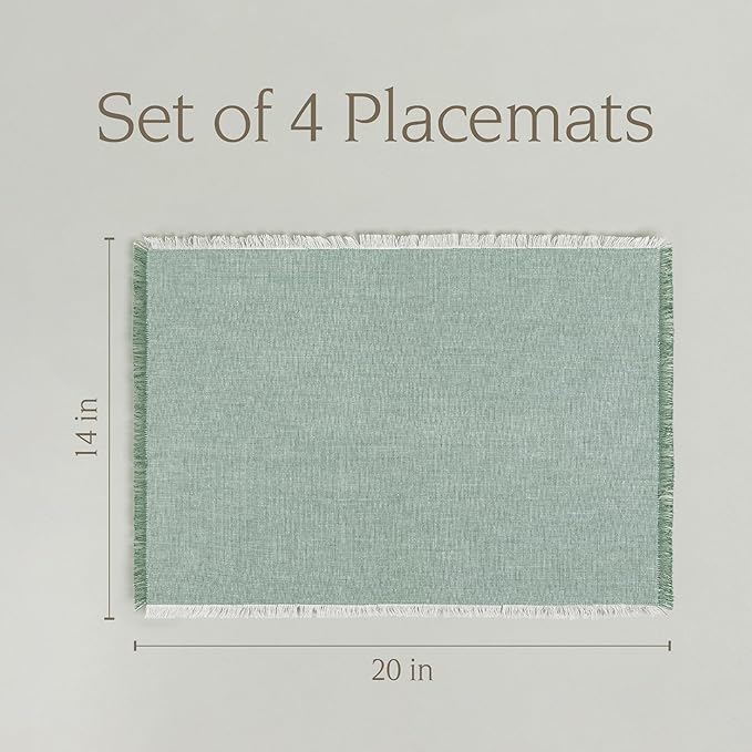 Over&Back Set of 4 Woven Frayed Chambray Placemats - Colorful Dining Table Mat - Hand-Finished Frayed Edges - 100% Cotton - Machine Washable - Kitchen and Home Decor - Green - 14" L X 20" W