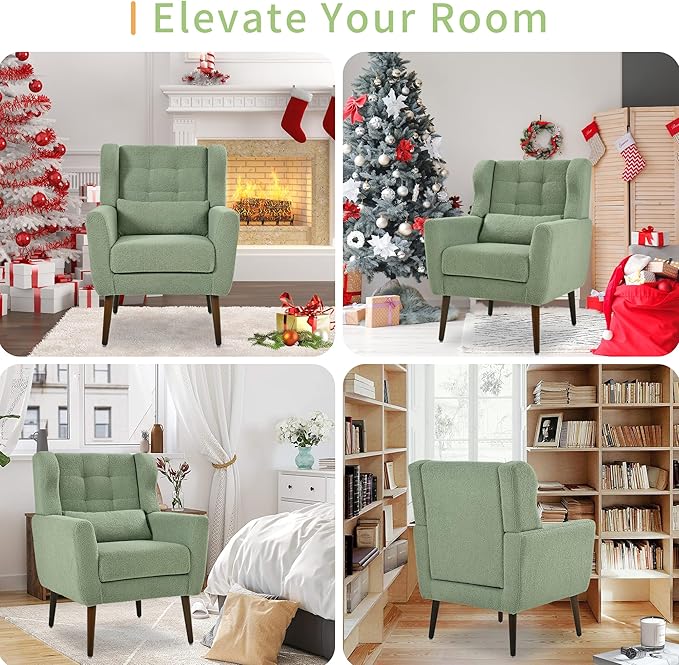 Modern Accent Chair, Upholstered Armchair with Pillow, Teddy Single Sofa Chair with Lounge Seat and Wood Legs Accent Chair for Living Room Bedroom Small Spaces