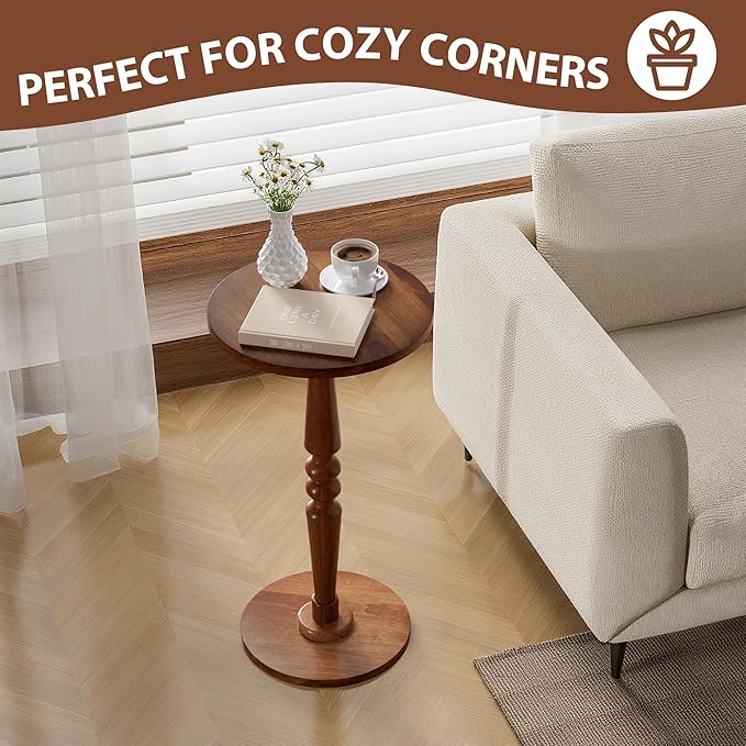 Small Wood Round Side Table - Modern Accent Nightstand Pedestal Table for Living Room, Bedroom - Compact Drink Table for Small Spaces, Corners, Office