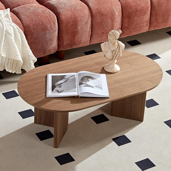 WILLIAMSPACE 39.37" Oval Wooden Coffee Table, Modern Wood Center Table with Sturdy Pedestal for Living Room, Accent Side Table End Table for Apartment (Walnut)