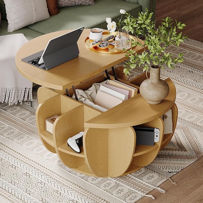 32.7" Lift Top Coffee Table with Storage, Wood Round Center Table with Hidden Storage Compartment & Shelves, Mid Century Modern Coffee Tables for Living Room Rustic Accent Small Center Table Natural